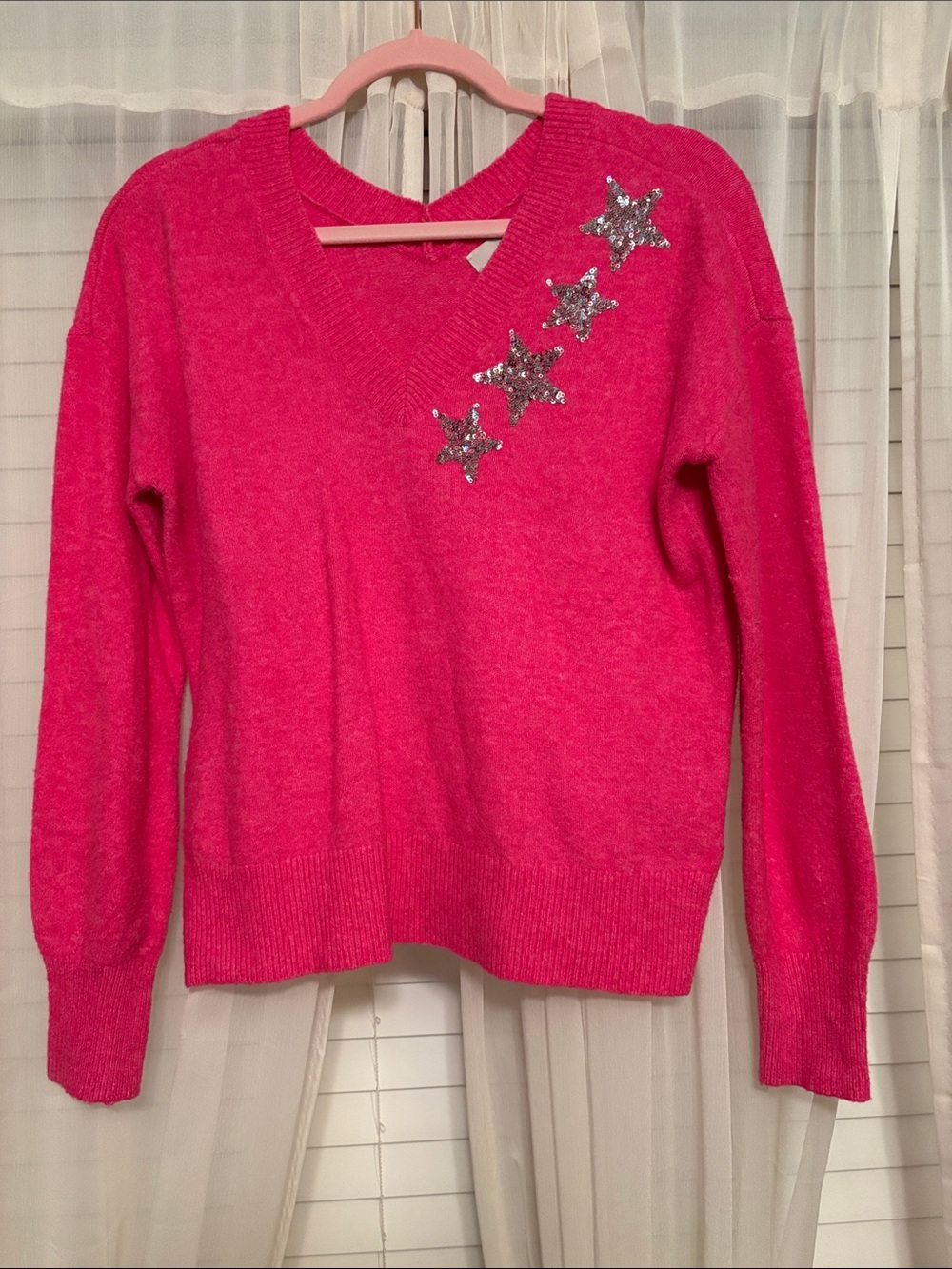 LOFT Hot Pink V-Neck Sweater with Silver Sequin Stars